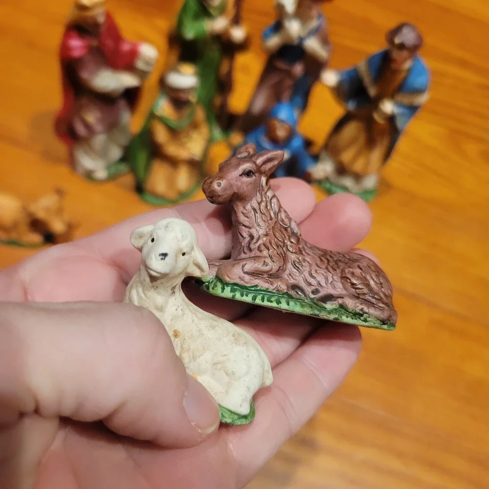 Vintage 9 Piece Nativity Set Christmas Manger Scene Multicolor Ceramic Figurines
